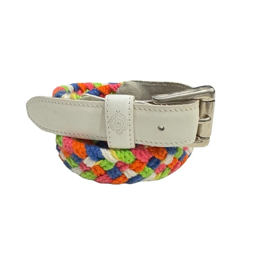 Vintage 1980s Liz Claiborne Braided Belt | Multicolor Cotton White Leather Trim
